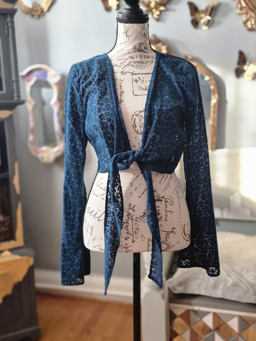 wild fable 70s Vibe Teal Tie-Front Crop Top with Bell Sleeves
